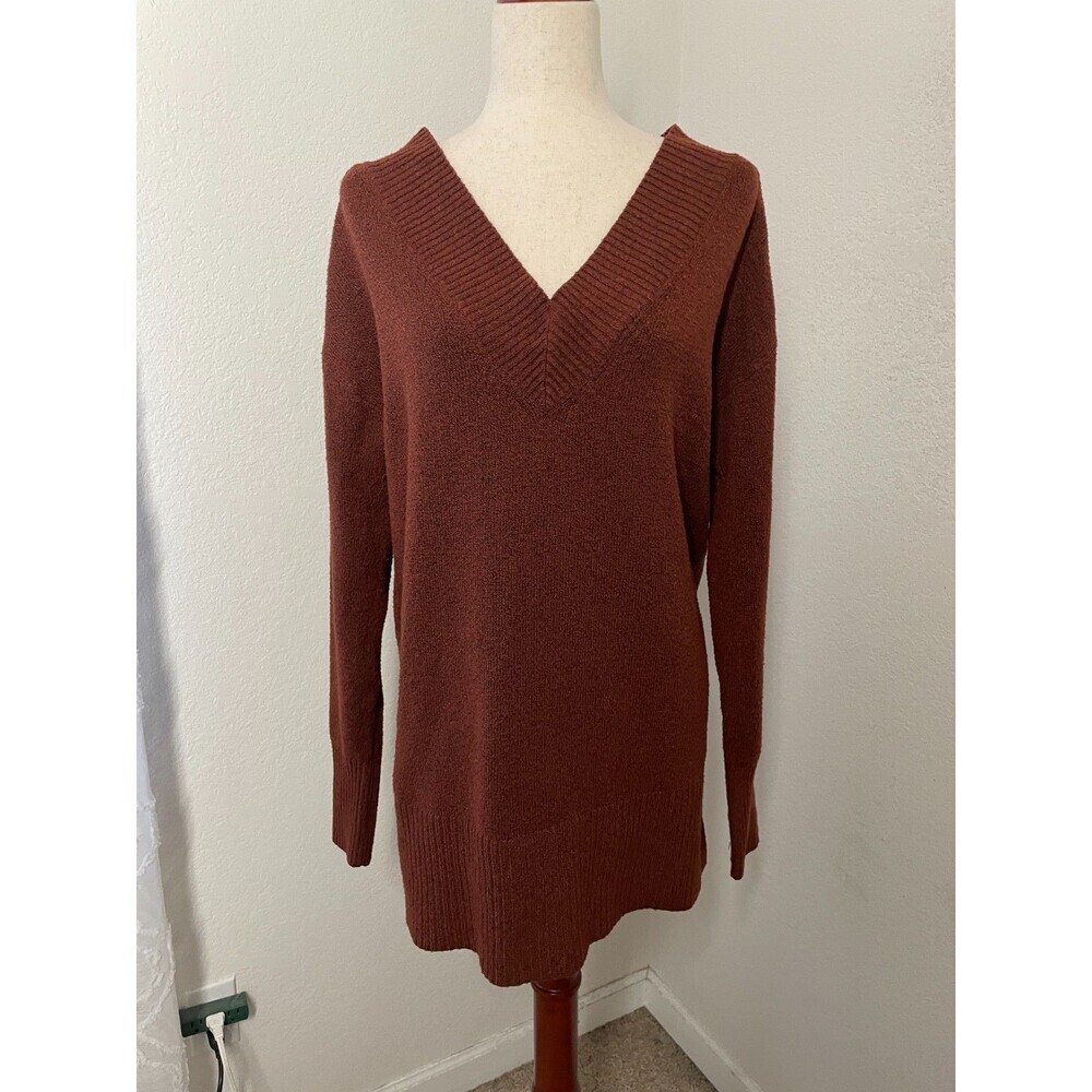 a.n.a Womens Rust Brown V-Neck Knit Tunic Sweater Size L Long Casual Neutral